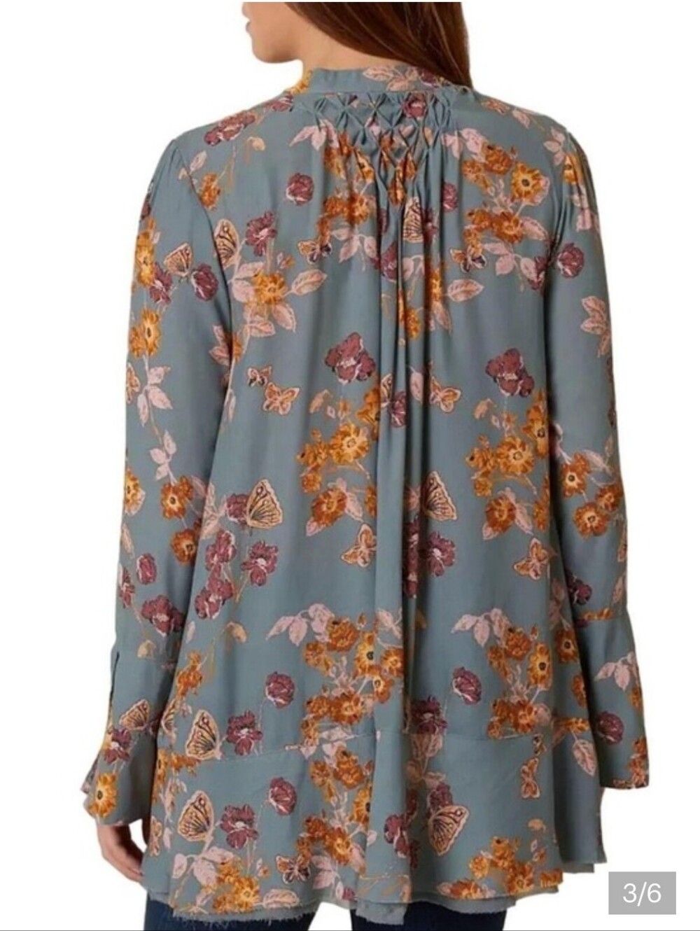 Free People Dusty Blue Floral Smocked Tunic - Picture 5 of 12